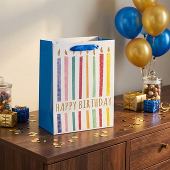 Pungă cadou Happy Birthday albastră cu lumânări colorate 32cm