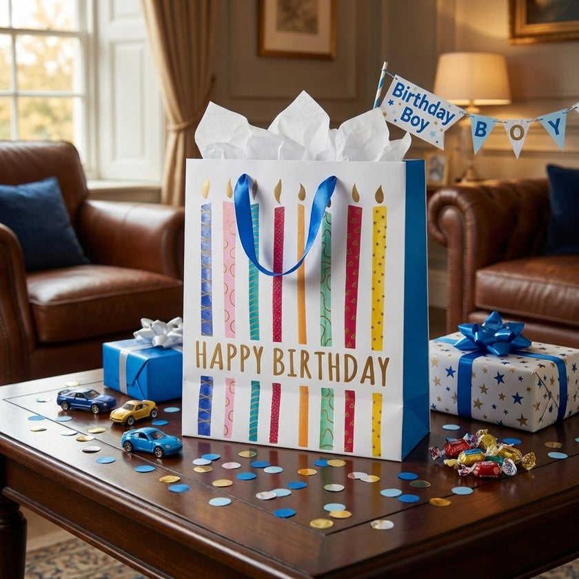 Pungă cadou Happy Birthday albastră cu lumânări colorate 32cm