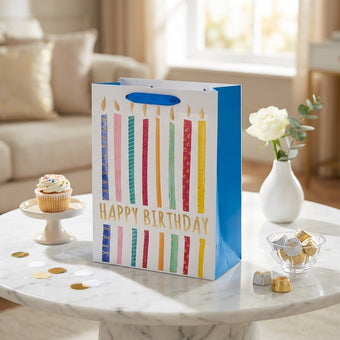 Pungă cadou Happy Birthday albastră cu lumânări colorate 32cm