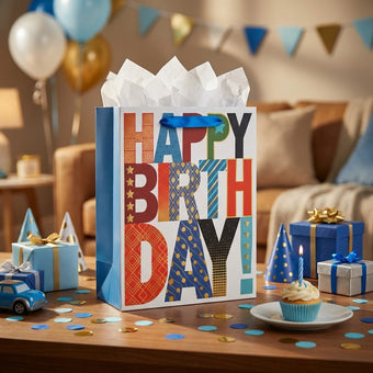 Pungă cadou Happy Birthday cu litere colorate 32cm
