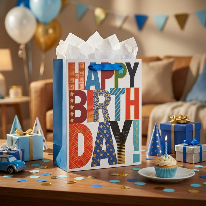 Pungă cadou Happy Birthday cu litere colorate 32cm