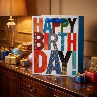 Pungă cadou Happy Birthday cu litere colorate 32cm