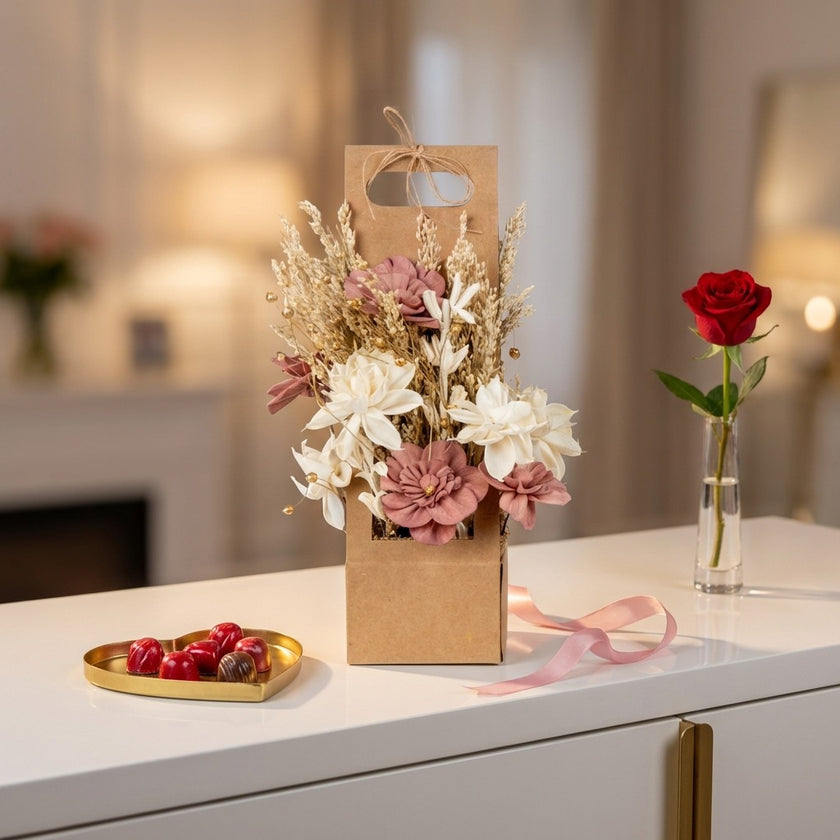 Aranjament decorativ cu flori uscate roz