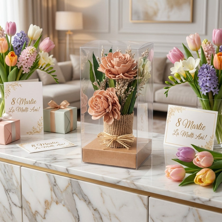 Aranjament decorativ cu flori uscate roz