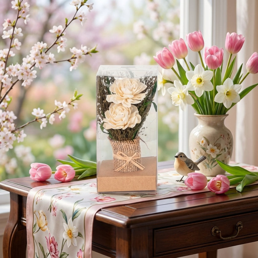 Aranjament decorativ cu flori uscate bej