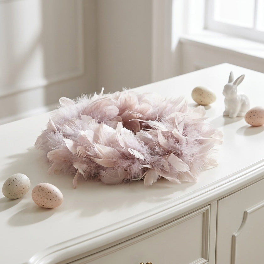 Coroniță decorativă cu pene roz 15cm