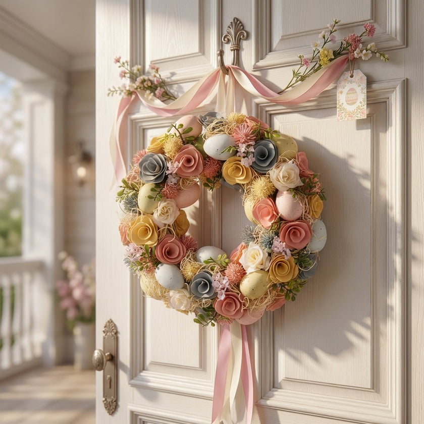 Coroniță de Paște cu trandafiri și ouă decorative 33cm