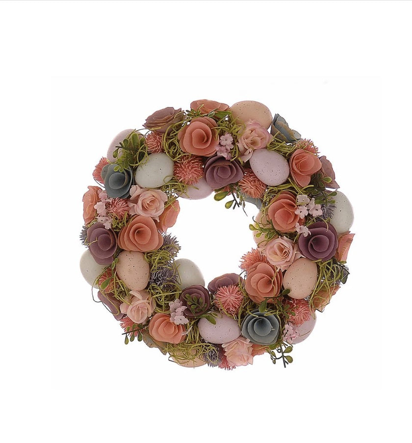Coroniță de Paște cu trandafiri mov și ouă decorative 33cm