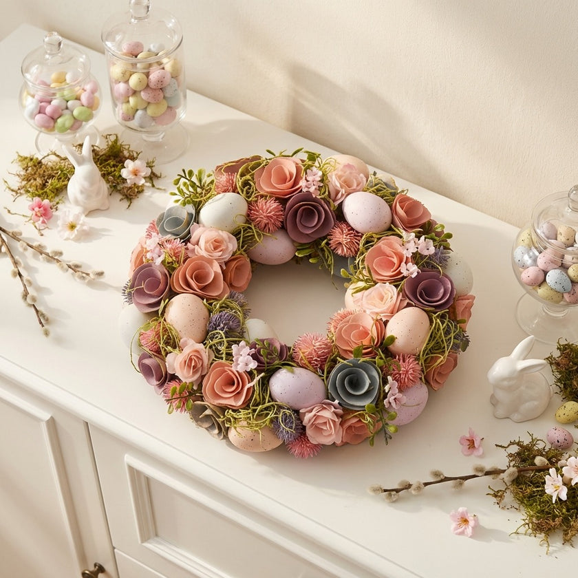 Coroniță de Paște cu trandafiri mov și ouă decorative 33cm