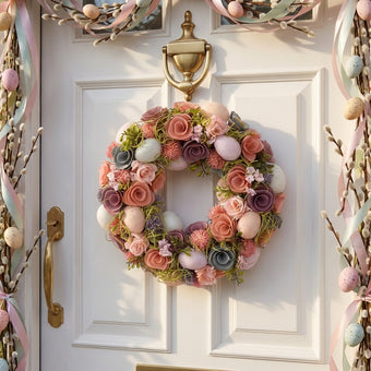 Coroniță de Paște cu trandafiri mov și ouă decorative 33cm