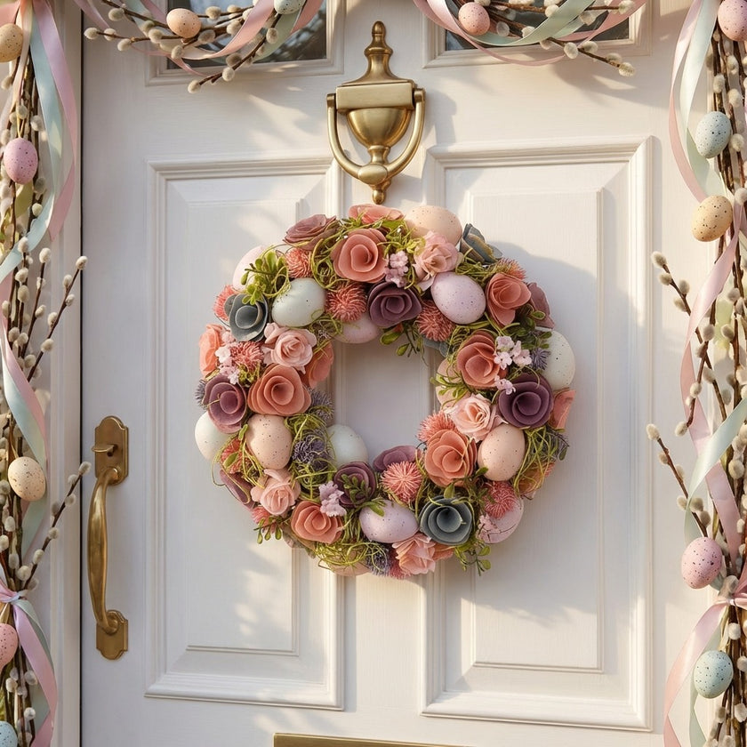 Coroniță de Paște cu trandafiri mov și ouă decorative 33cm