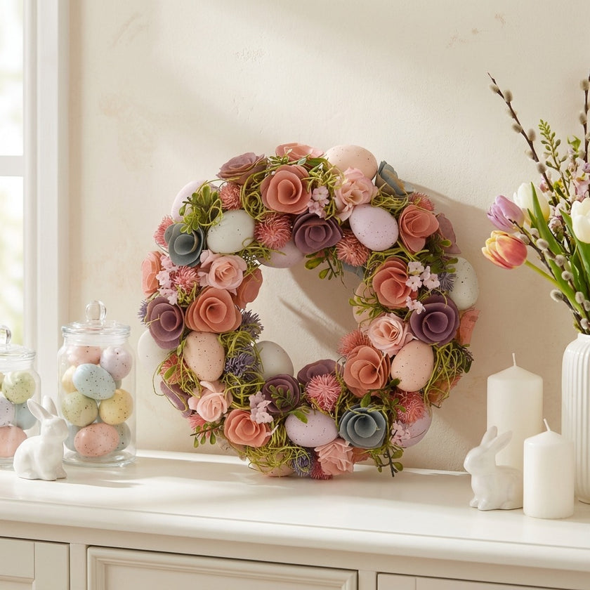 Coroniță de Paște cu trandafiri mov și ouă decorative 33cm