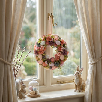 Coroniță de Paște cu trandafiri mov și ouă decorative 33cm