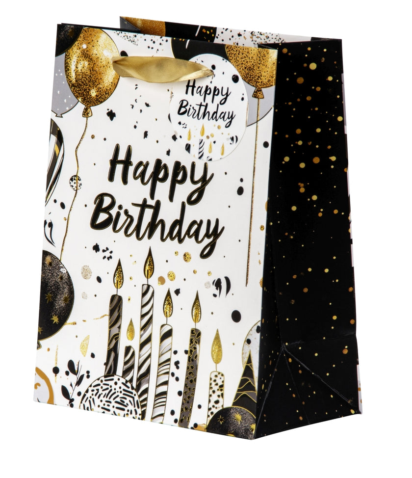 Pungă cadou Happy Birthday cu baloane și lumânări 23cm