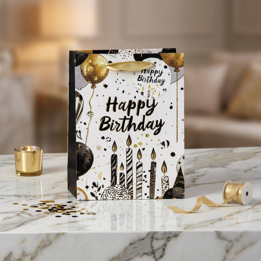 Pungă cadou Happy Birthday cu baloane și lumânări 23cm