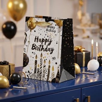 Pungă cadou Happy Birthday cu baloane și lumânări 23cm