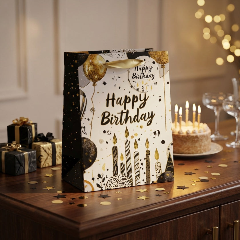 Pungă cadou Happy Birthday cu baloane și lumânări 23cm