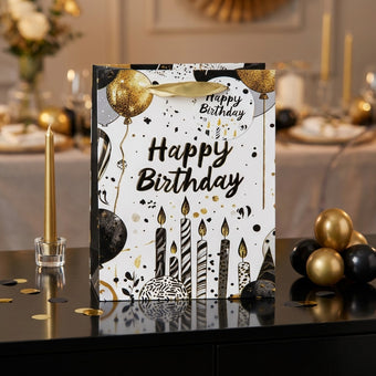 Pungă cadou Happy Birthday cu baloane și lumânări 23cm