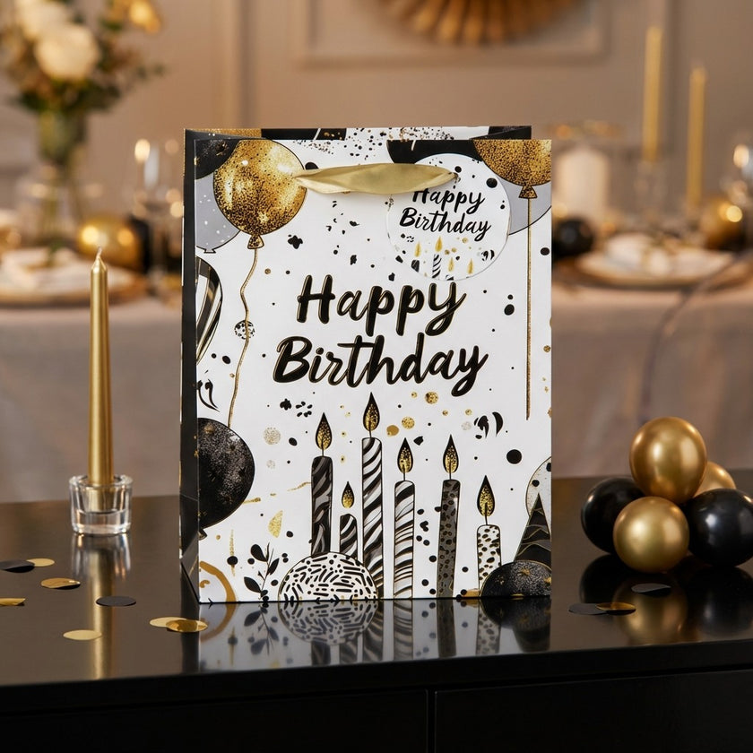 Pungă cadou Happy Birthday cu baloane și lumânări 23cm