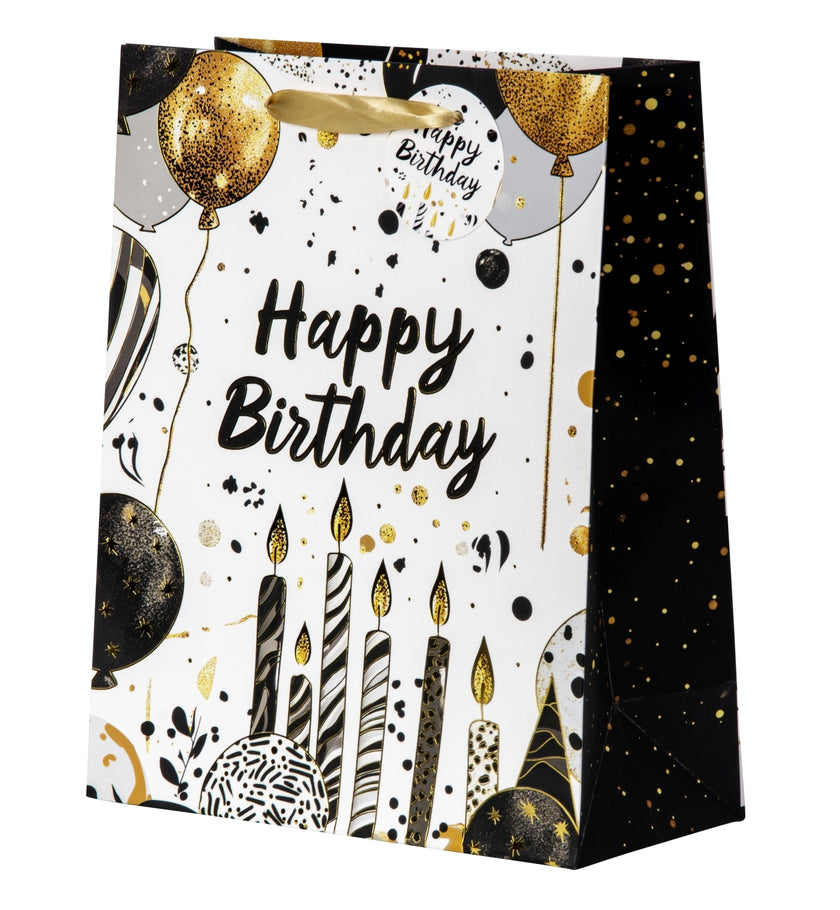 Pungă cadou Happy Birthday cu baloane și lumânări 32cm