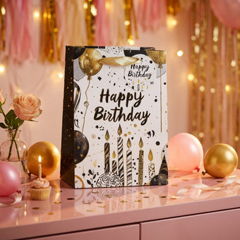Pungă cadou Happy Birthday cu baloane și lumânări 32cm