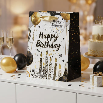 Pungă cadou Happy Birthday cu baloane și lumânări 32cm