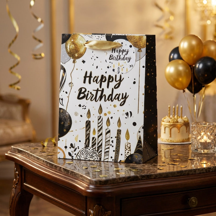 Pungă cadou Happy Birthday cu baloane și lumânări 32cm