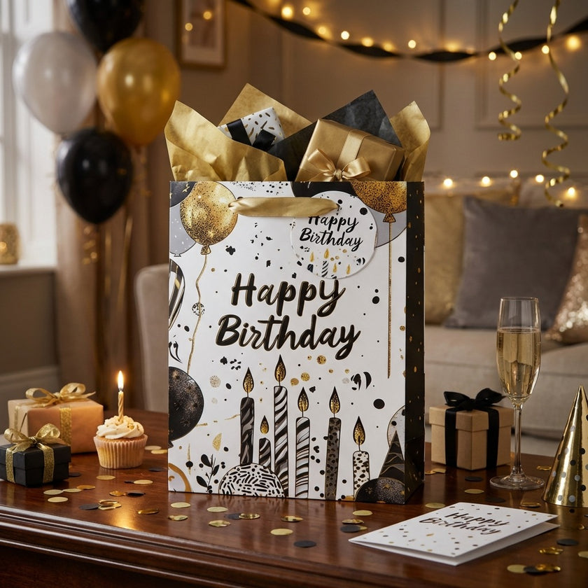 Pungă cadou Happy Birthday cu baloane și lumânări 32cm