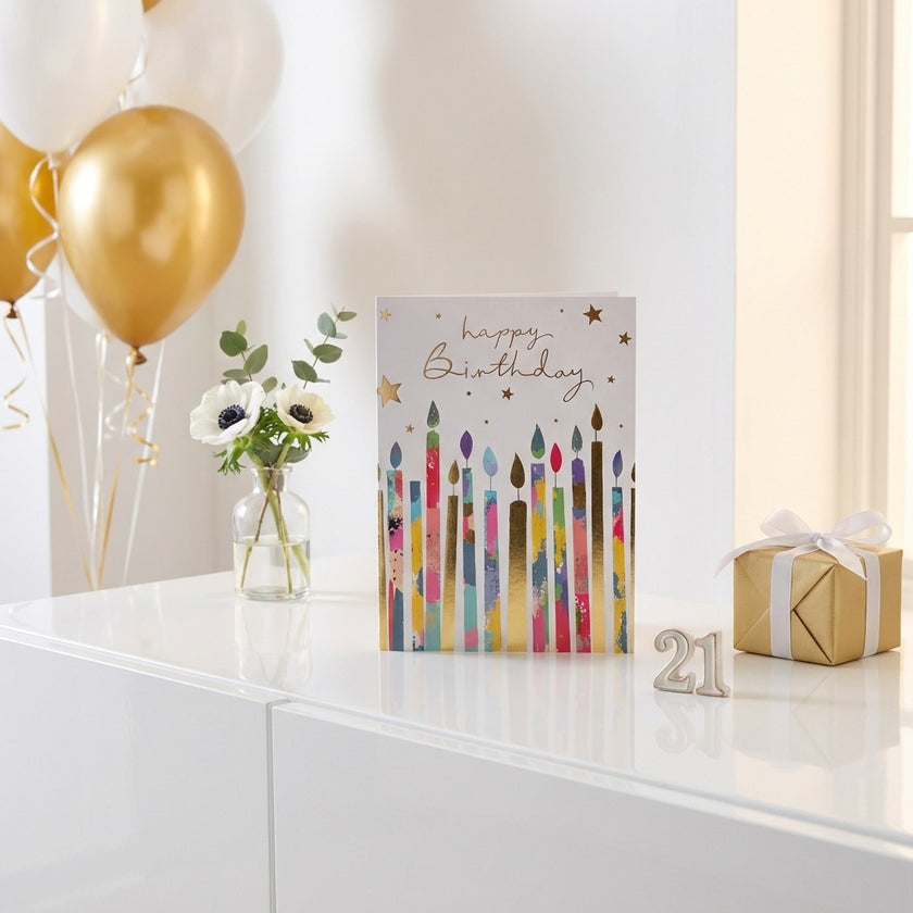 Felicitare Happy Birthday cu lumânări colorate 17cm