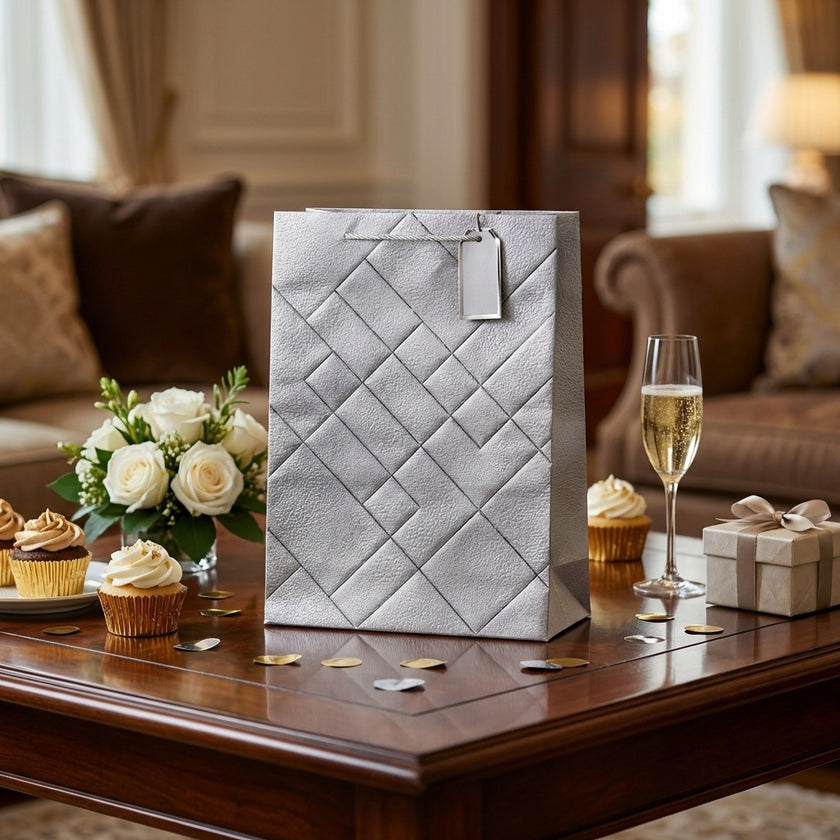 Pungă cadou design geometric gri 42cm