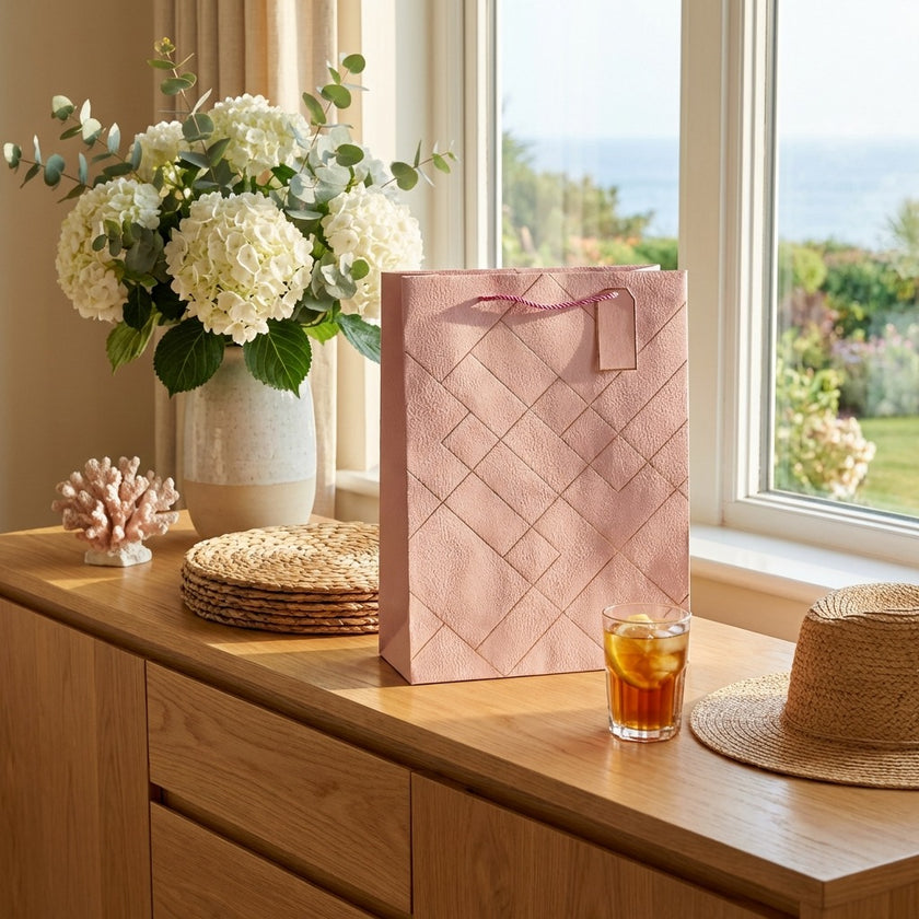 Pungă cadou design geometric roz 42cm