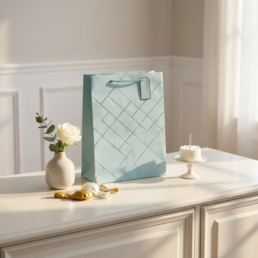 Pungă cadou design geometric verde 42cm
