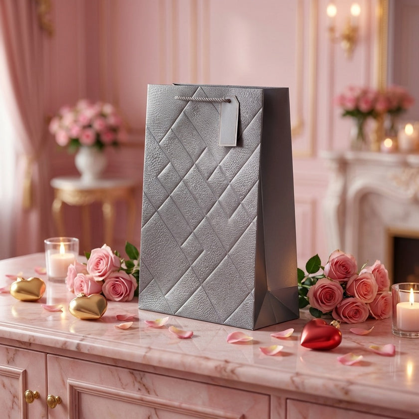Pungă cadou design geometric gri 42cm
