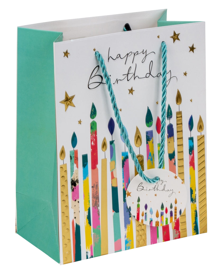 Pungă cadou Happy Birthday cu lumânări colorate 23cm