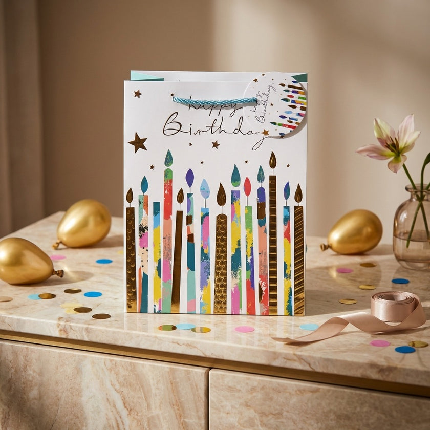 Pungă cadou Happy Birthday cu lumânări colorate 23cm
