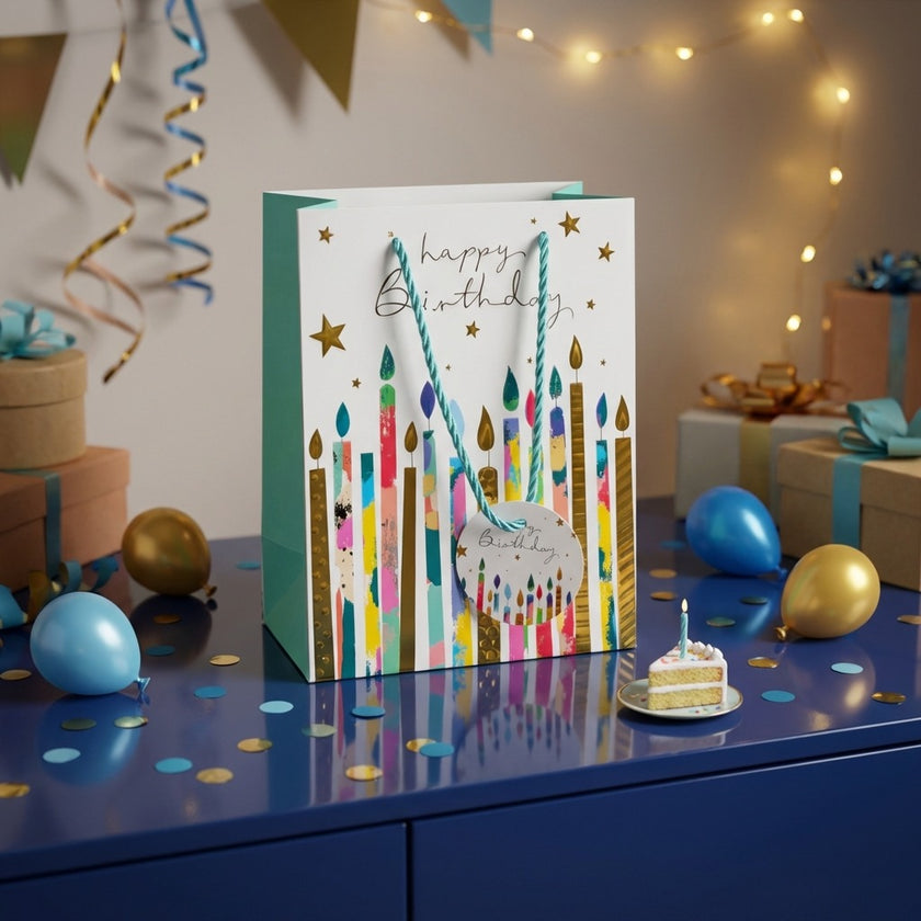 Pungă cadou Happy Birthday cu lumânări colorate 23cm