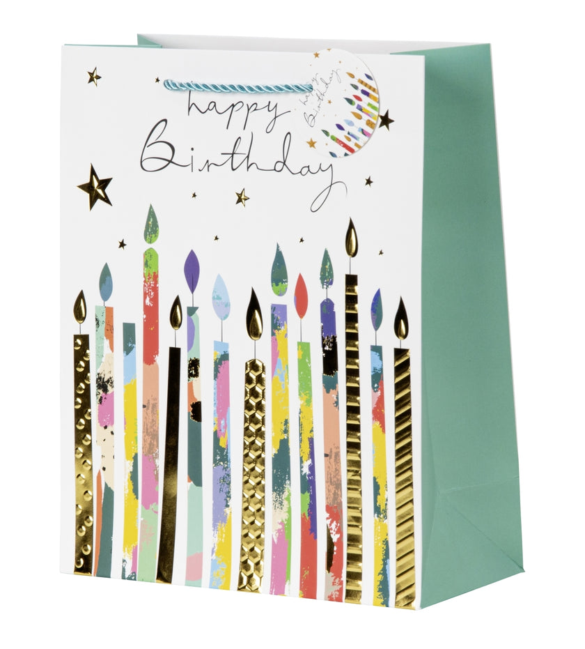 Pungă cadou Happy Birthday cu lumânări colorate 32cm