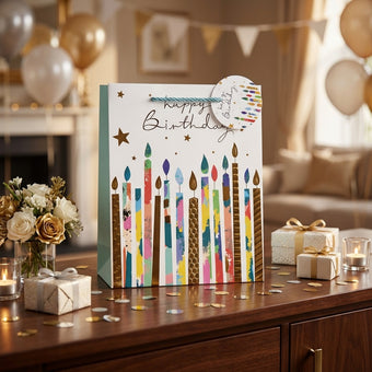 Pungă cadou Happy Birthday cu lumânări colorate 32cm