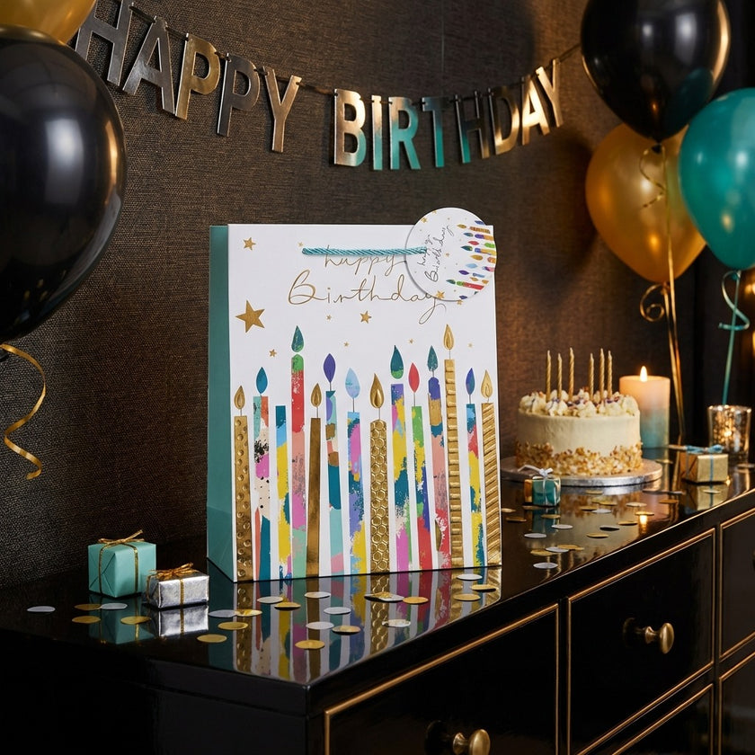 Pungă cadou Happy Birthday cu lumânări colorate 32cm