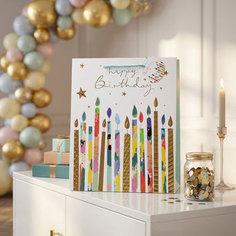 Pungă cadou Happy Birthday cu lumânări colorate 32cm