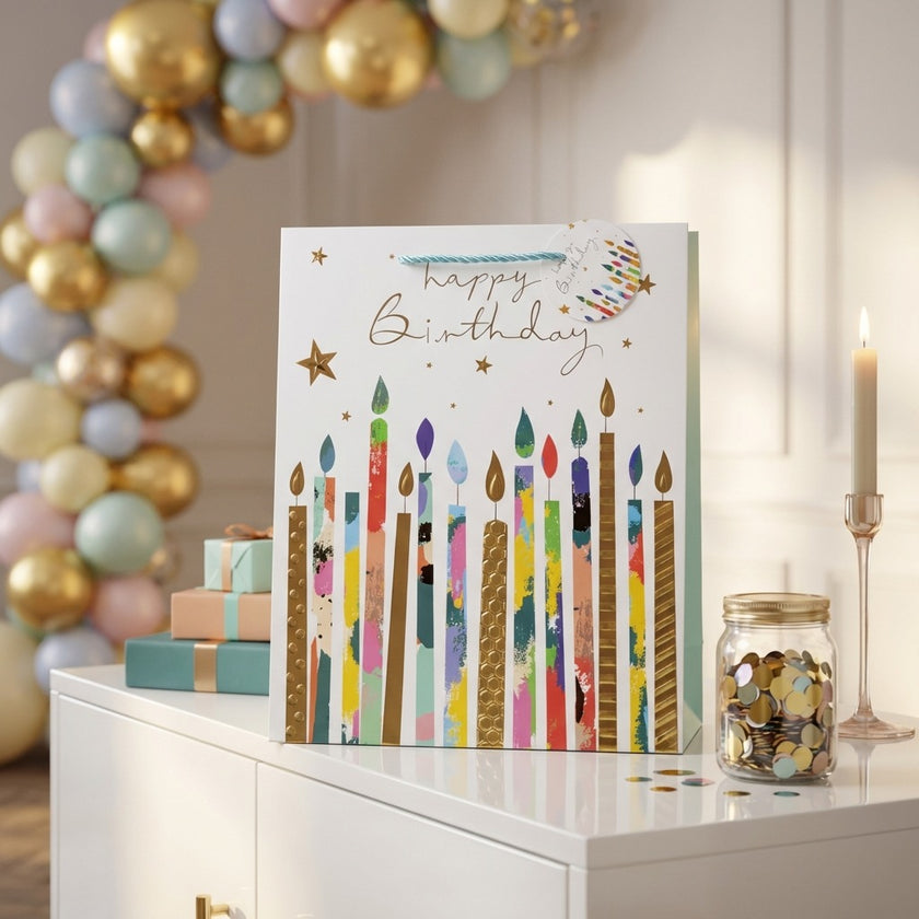 Pungă cadou Happy Birthday cu lumânări colorate 32cm