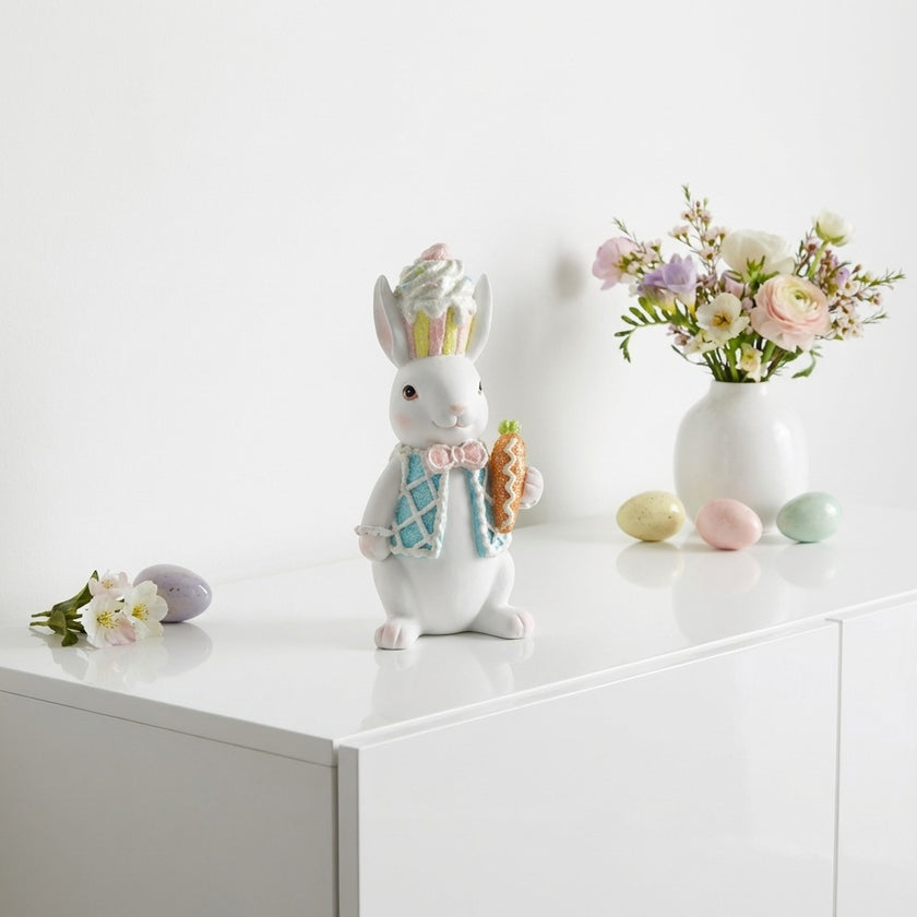 Figurină iepuraș de Paște albastru cu morcov 17cm