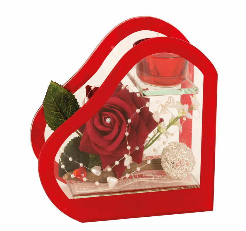Aranjament floral inimă din sticlă cu trandafir roșu și lumânare