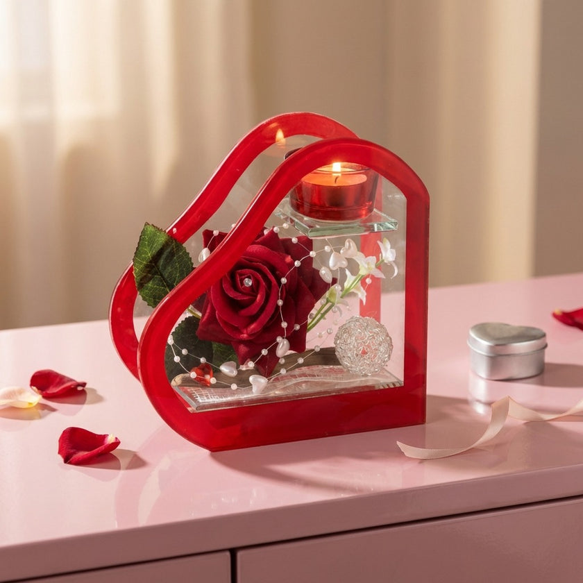 Aranjament floral inimă din sticlă cu trandafir roșu și lumânare