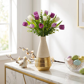 Vază ceramică conică alb-aurie 29cm