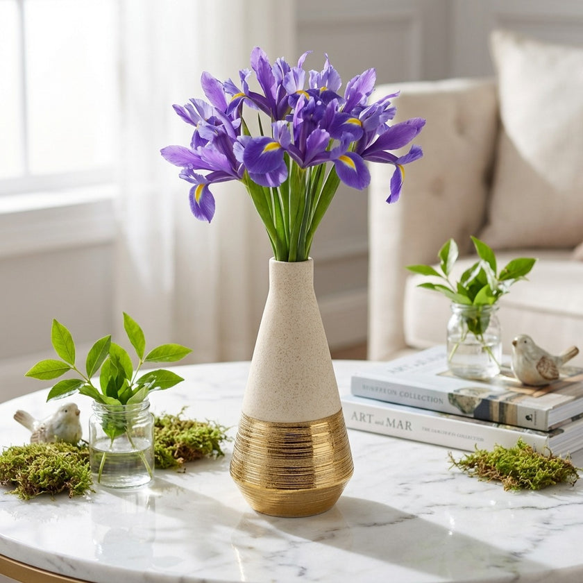 Vază ceramică conică alb-aurie 29cm