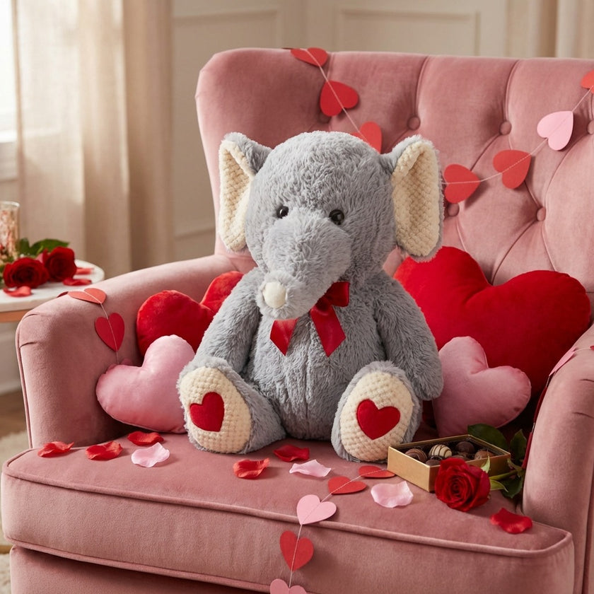 Elefant de pluș gri cu inimioare 48cm