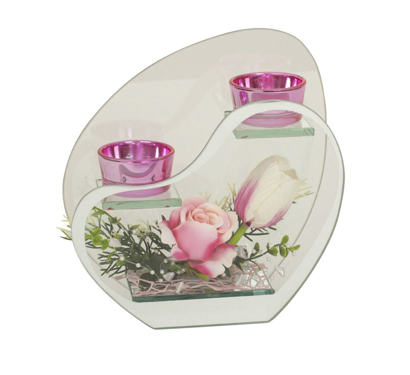 Aranjament floral inimă din sticlă cu lumânări