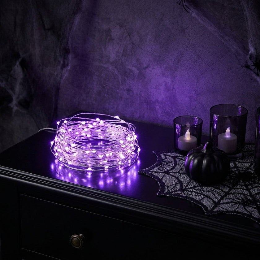 Instalație de Crăciun și Halloween 100 mini LED, mov, fir cupru 15m