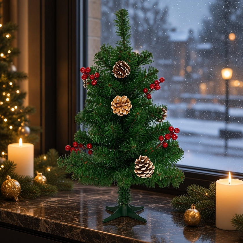Brad artificial decorativ de masă cu conuri, 70 ramuri, verde, 60cm